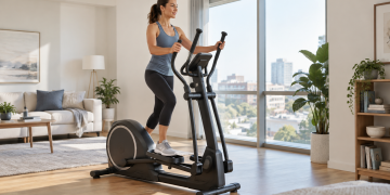 Femme utilisant un vélo elliptique dans son salon
