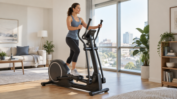 Femme utilisant un vélo elliptique dans son salon