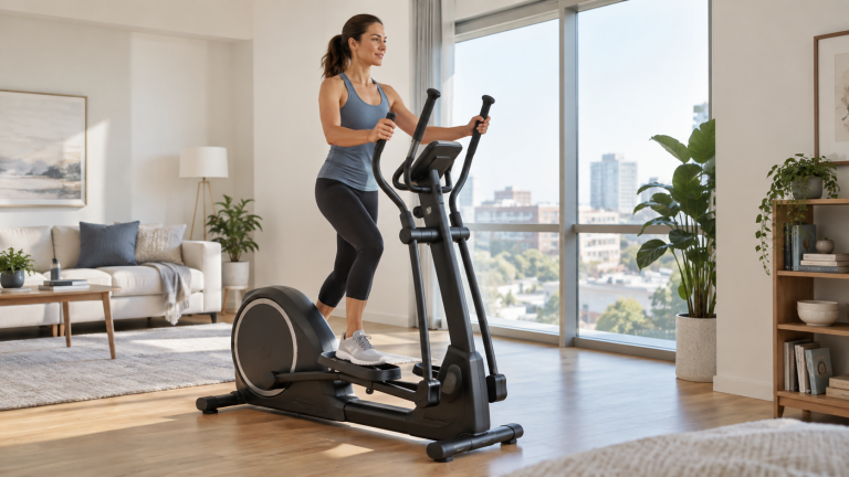 Femme utilisant un vélo elliptique dans son salon