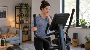 Utilisatrice regardant la console d’un vélo elliptique
